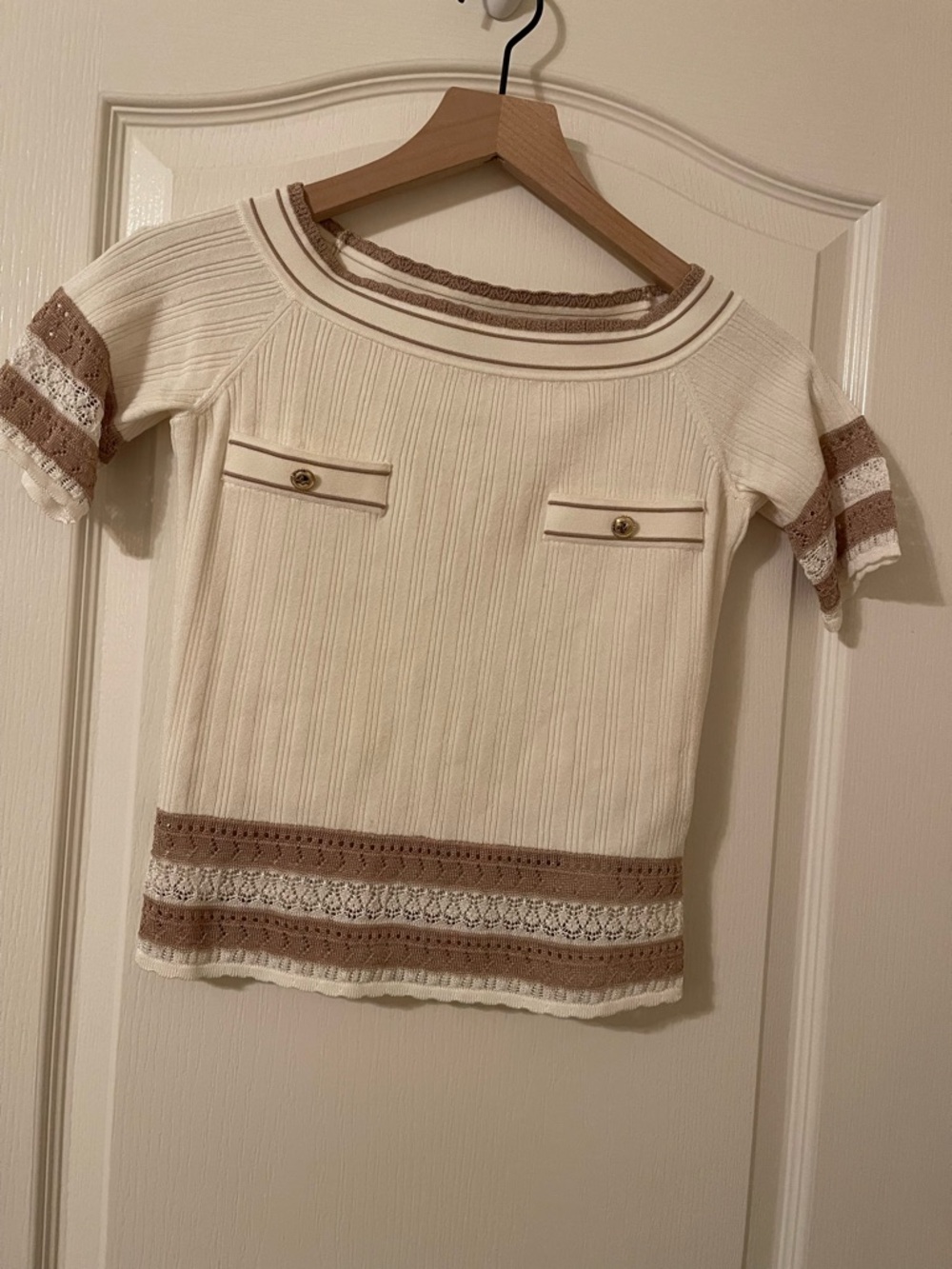 Cream Knit Top with Tan Trim by Marciano